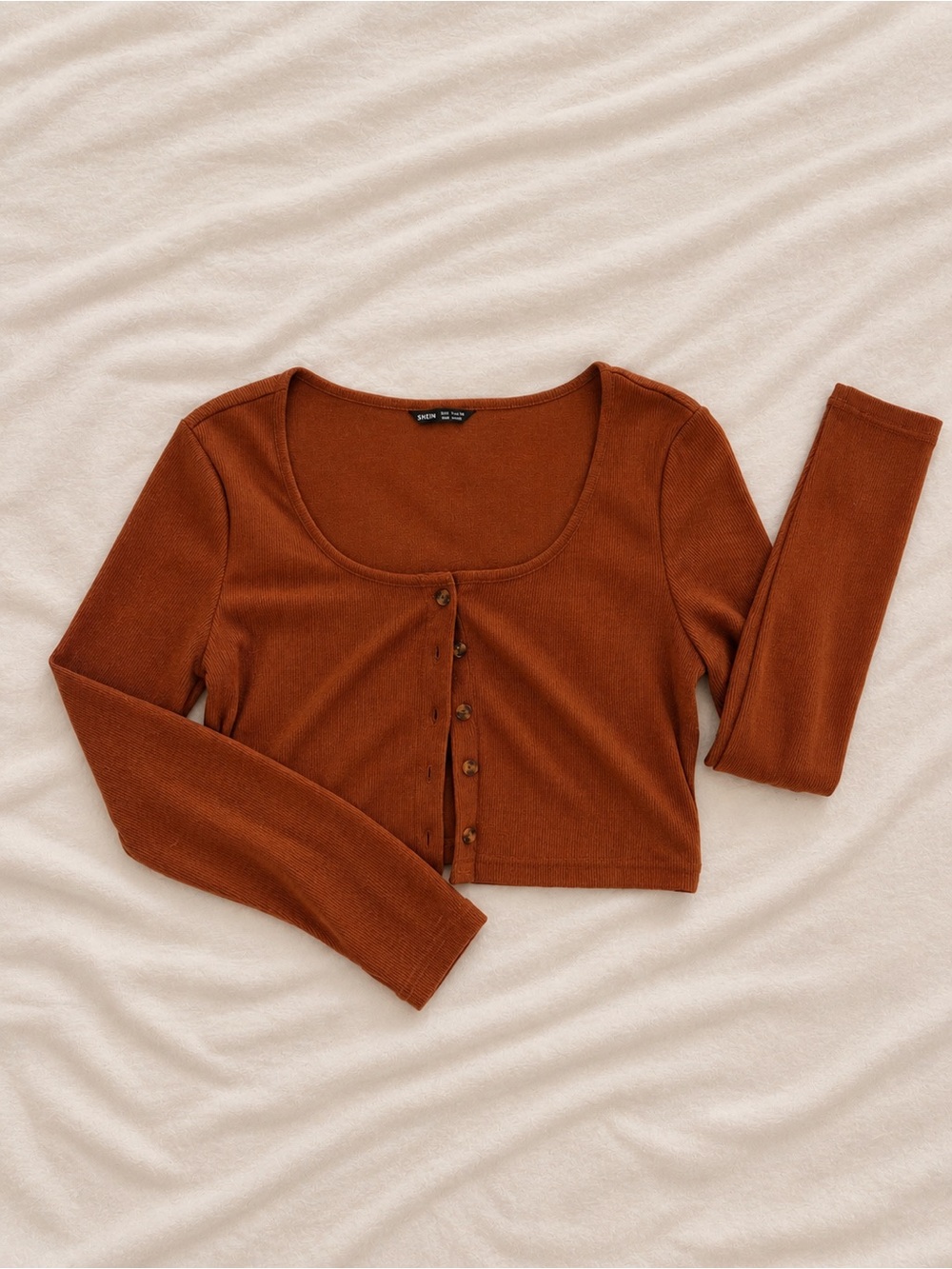 SHEIN Rust Brown Scoop Neck Cropped Button Cardigan